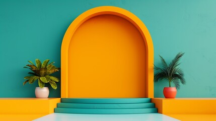 Vibrant stage and podium mockup with modern machinery elements and opposite color principles ideal for creating dynamic and engaging visuals for tech-focused advertising and promotions. Clean and