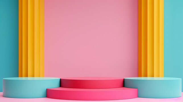 Colorful stage and podium mockup featuring modern machinery elements with opposite color principles designed to create bold and eye-catching visuals for technology-focused advertising. Clean and