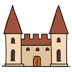 Hand drawn cartoon ancient castle on white background.