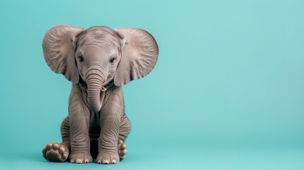 Obraz premium A happy Elephant Calf puppy sitting on a solid mint blue background with space above for text, illustration background