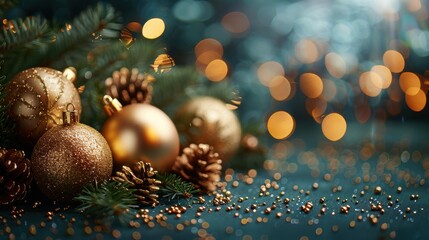 Elegant Christmas Decorations with Gold Ornaments, Pine Cones, and Festive Lights on Greenery Background for Holiday Season