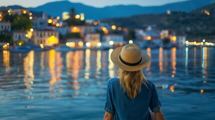 Woman by the water with a picturesque town view in the evening