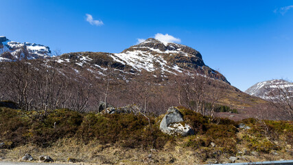 Long road with beautiful landscape view at Lofoten Island at Norway.