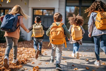 Obraz premium The holiday falls on September 1st. Children with yellow backpacks run to school. Rear view. Back to school. The concept of a new academic year at school. Autumn Knowledge Day.