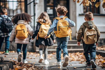 The holiday falls on September 1st. Children with yellow backpacks run to school. Rear view. Back to school. The concept of a new academic year at school. Autumn Knowledge Day.