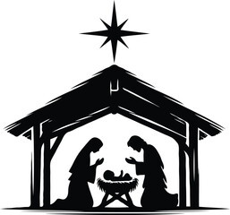 Christmas Nativity scene greeting card illustration. Black silhouettes isolated on white background. Vector EPS10.