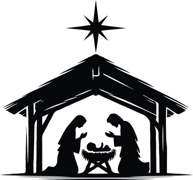 Christmas Nativity scene greeting card illustration. Black silhouettes isolated on white background. Vector EPS10.