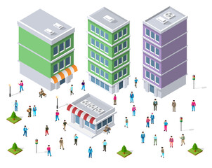 People walking around buildings in isometric city