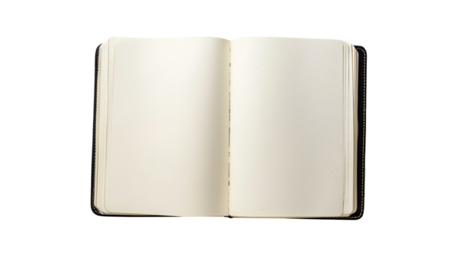 An open blank book with white pages, ready for writing, drawing, or note-taking. Ideal for creative projects and educational purposes.