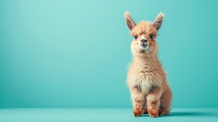 Obraz premium A happy Llama puppy sitting on a solid mint blue background with space above for text, illustration background