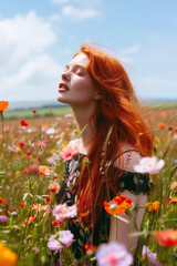 Naklejka premium A woman with red hair is standing in a field of flowers