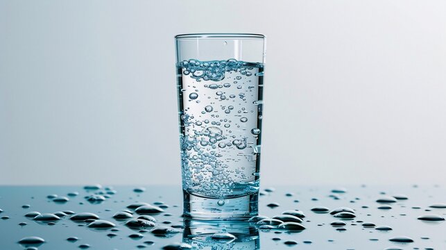 High-detail photograph of a transparent glass of hydrogen water with bubbles rising, isolated on a white background, captured with Nikon D850 in 32k UHD and focus stacking