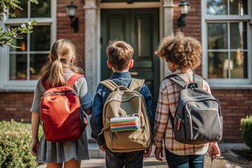 Fototapeta premium The holiday falls on September 1st. Children with yellow backpacks run to school. Rear view. Back to school. The concept of a new academic year at school. Autumn Knowledge Day.