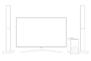 Contour TV home theater with sound speaker design. Speakers and television, tv set icon in black flat glyph, outline style isolated on white background