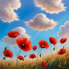 Obraz premium Field poppies against a cloudy sky Gerenative AI