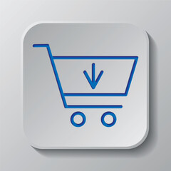 Shopping cart, buy simple icon vector. Flat design. Paper cut design. Cutted blue symbol with shadow. Gray badge button, gray background