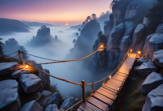Fototapeta Isolated wood and ropes bridges in the mist between rocks in the mountais, magic aura and lamps around, manga illustration, digital art, wallpaper, fantasy, ambient, breathtaking, calm, art, artwork
