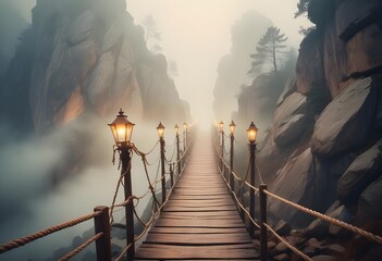 Fototapeta premium Isolated wood and ropes bridges in the mist between rocks in the mountais, magic aura and lamps around, manga illustration, digital art, wallpaper, fantasy, ambient, breathtaking, calm, art, artwork