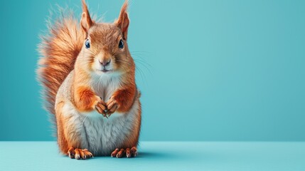 A happy Squirrel puppy sitting on a solid mint blue background with space above for text, illustration background