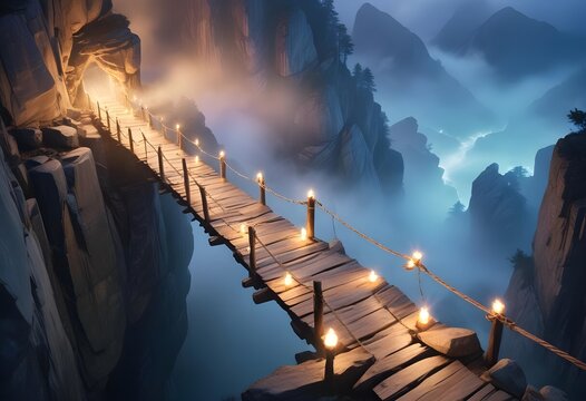 Fototapeta Isolated wood and ropes bridges in the mist between rocks in the mountais, magic aura and lamps around, manga illustration, digital art, wallpaper, fantasy, ambient, breathtaking, calm, art, artwork