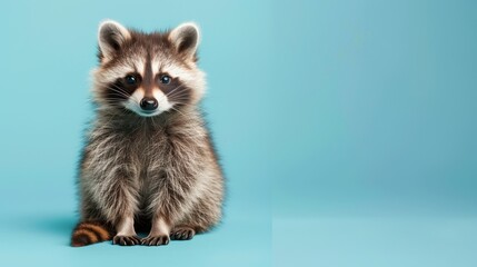 Obraz premium A happy Raccoon puppy sitting on a solid mint blue background with space above for text, illustration background