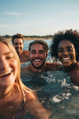 Obraz premium Friends Enjoying Summer Swim in Clear Blue Water at Sunset