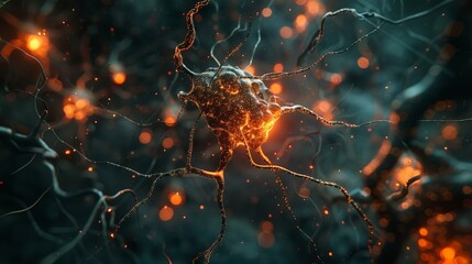 Close-up of a neuron with glowing synapses