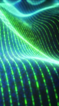 Dynamic Green Particle and Line Animation with Shimmering Depth of Field on Dark Background - Vertical Video
