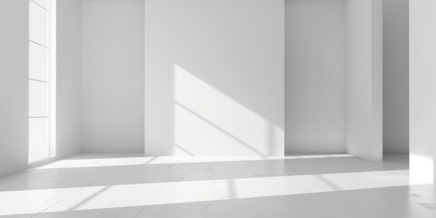 Obraz premium Serene Empty Room with White Walls and Play of Light and Shadow, Capturing Quiet and Minimalist Interior Design in a High-Resolution AI-Generated Wallpaper