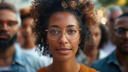Obraz premium A young woman with glasses looks directly at the camera in a crowd of people.