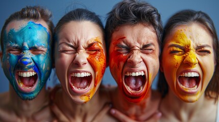Obraz premium Vibrant Portraits of Four People with Colorful Face Paint Expressing Intense Emotions Against a Blue Background