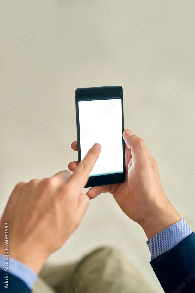 Poster Business person, hands and phone screen with mockup space for online browsing, interaction or app at office. Closeup of employee or user on mobile smartphone display for touch, UI or UX at workplace