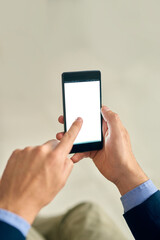 Business person, hands and phone screen with mockup space for online browsing, interaction or app at office. Closeup of employee or user on mobile smartphone display for touch, UI or UX at workplace