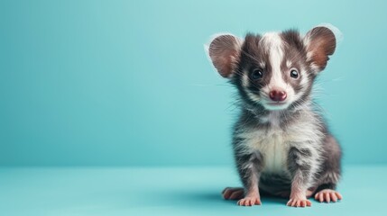 A happy Possum puppy sitting on a solid mint blue background with space above for text, illustration background