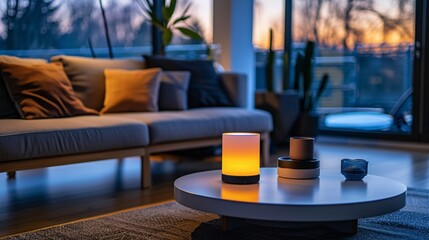 Cozy Modern Living Room with Ambient Lighting and Sunset View Through Large Windows