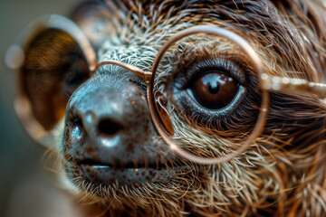 Obraz premium Close-up portrait of a sloth in the forest wearing glasses, animal