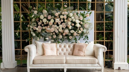 Elegant outdoor event space featuring a luxurious sofa set against a backdrop of lush floral arrangements, perfect for photo opportunities and special occasions.