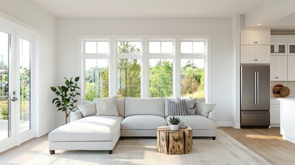 Fototapeta premium Elegant bedroom with a fabric headboard bed, eclectic throws, and layered cushions in beige, white, and grey. Natural light, fresh flowers, and a serene atmosphere create a cozy and inviting space.