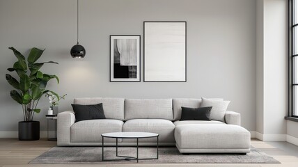 A minimalist living room with a grey sofa, accented by black and white botanical artwork and green indoor plants. The design is clean, modern, and inviting, creating a tranquil atmosphere.