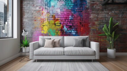 A grey sofa set against a vibrant graffiti art wall, complemented by lush green plants. The modern urban chic design combines industrial elements with cozy comfort for a stylish and eclectic look.