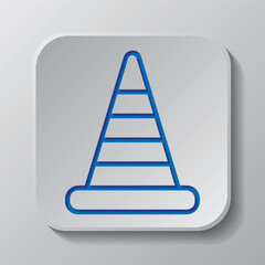 Traffic cone simple icon vector. Flat design. Paper cut design. Cutted blue symbol with shadow. Gray badge button, gray background