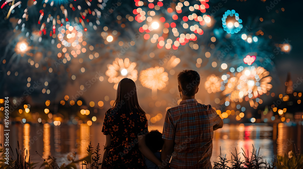 Wall mural Family watching fireworks display, night, wide banner