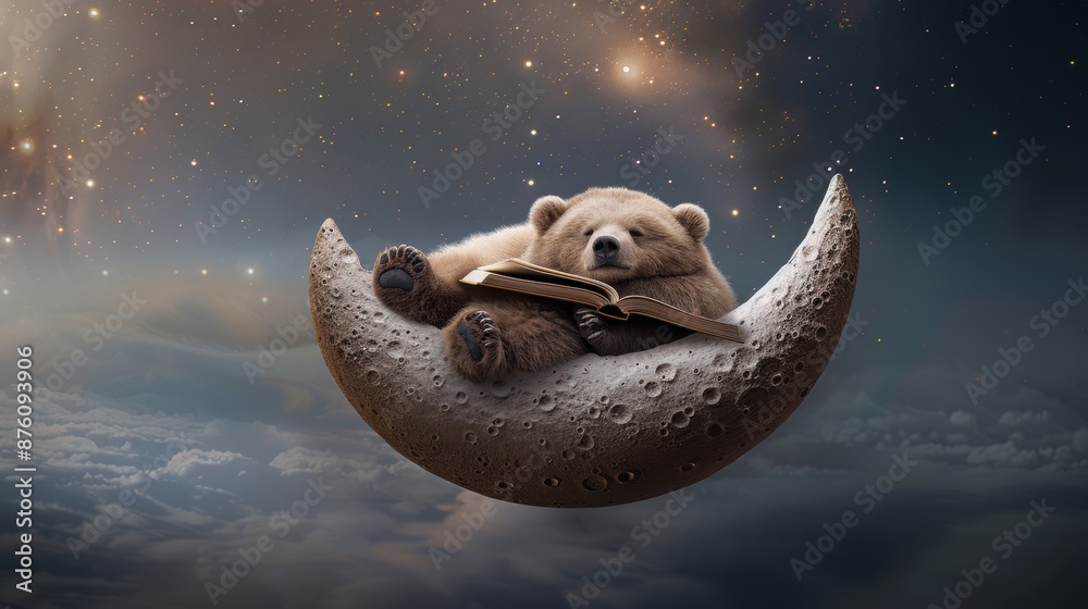 Wall mural a bear is sleeping on a moon