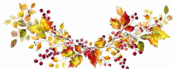 Watercolor autumn leaves and berries illustration with vibrant red, yellow, and orange colors, perfect for seasonal designs and decorations.