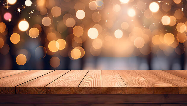 Wooden tabletop with a blurred background featuring bokeh lights. The scene is ideal for pr_1(323)