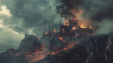 Fiery castle on a volcanic mountain with a dramatic sunset