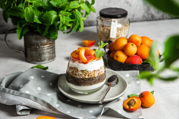 Granola with yogurt, chia and apricots in a glass
