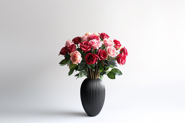 an image of a luxurious bouquet of long-stemmed red and pink roses, arranged in a sophisticated black vase, against a white background. The roses are in full bloom, with lush green leaves