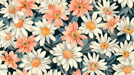 Vibrant Spring Daisies with Art Deco Inspired Geometric Motifs in Pastel Shades