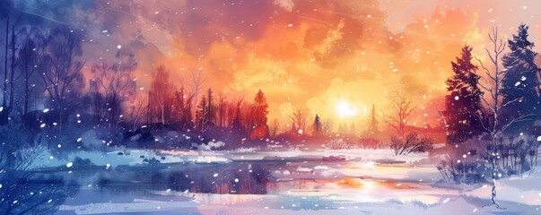 Fototapeta premium Beautiful winter landscape at sunset with snow-covered trees and a serene frosty river under a vibrant sky, capturing the peaceful winter wonderland.